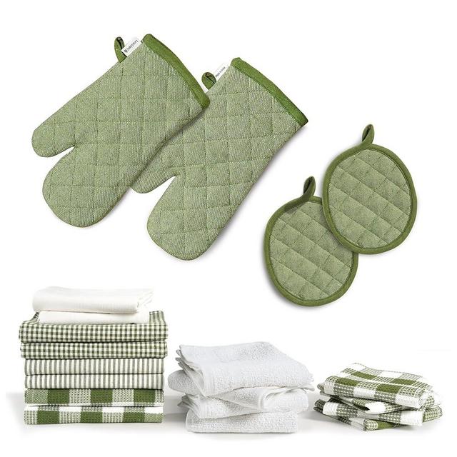 Lane Linen Dish Towels and Dishcloths Sets - 20 Pc Kitchen Towels Set, 500 Degree Heat Resistant Kitchen Mitts and Pot Holders, 100% Cotton Dish Towels, Kitchen Dish Rags for Washing Dishes - Olive