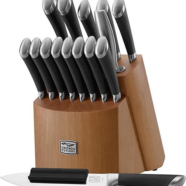 Chicago Cutlery 17 Piece Forged Premium Knife Block Set with Wooden Storage Block | Cushion-Grip Handles with Stainless Steel Blades that Resists Stains, Rust, and Pitting | Fusion Kitchen Knife Set