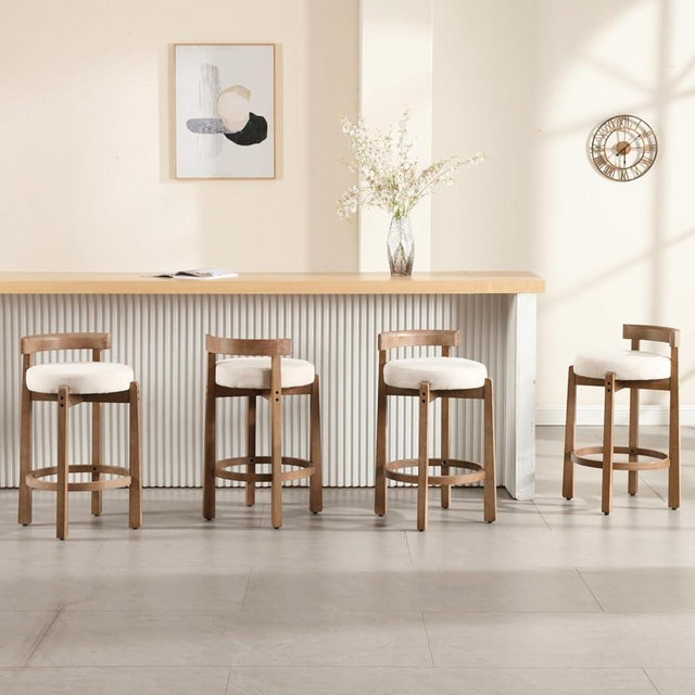 HEAH-YO Mid Century Modern Bar Stools Set of 4, 26.5" Counter Stools with Back, Linen Upholstered Barstools with Solid Wood Legs Bar Chairs for Kitchen Island Dining Room, Beige