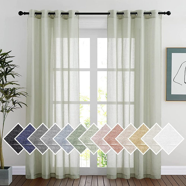 NICETOWN Linen Sheer Curtains for Bedroom, Grommet Semitransparent Linen Blend Privacy Vertical Window Draperies Privacy with Light Penetration for Living Room, Sage Green, 52W by 84L, Set of 2