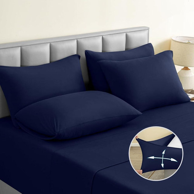BYSURE Jersey Knit King Size Sheets Set 6 Pieces, Stretch Super Soft and Wrinkle-Free Bed Sheets, Spandex Blend with 18-inch Deep Pocket, Navy Blue