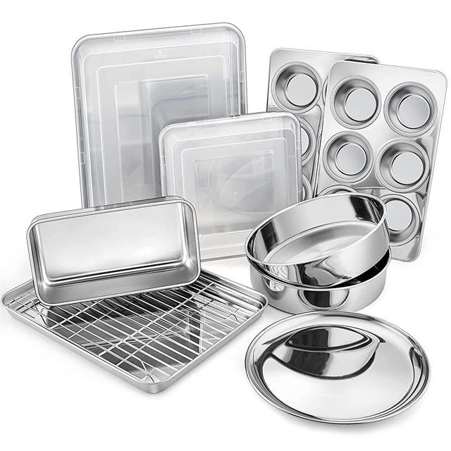 12 Piece Bakeware Sets, P&P CHEF Stainless Steel Baking Pans Set, Include Baking Sheet with Rack, Round/Square Cake Pan, Lasagna Pan, Loaf Pan, Muffin Pan, Pizza Tray & 2 Covers, Non-toxic & Reusable