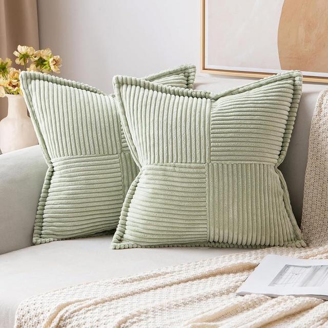 MIULEE Light Green Corduroy Pillow Covers 20x20 Inch with Splicing Set of 2 Super Soft Boho Striped Pillow Covers Broadside Decorative Spring Textured Throw Pillows for Couch Cushion Bed Livingroom