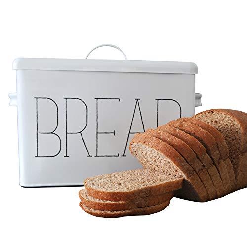Farmhouse Metal Bread Box - Stylish Bread Boxes for Kitchen Counter - Extra-Large Vintage Breadbox - Countertop Bread Storage Bin with Lid - Decorative Enamel Bread Holder with Bread Lettering - White
