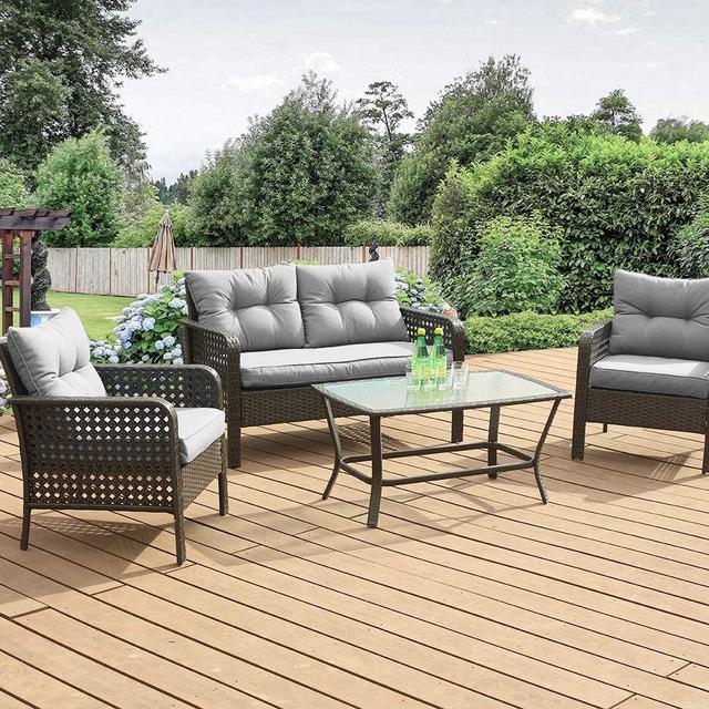 Okeysen Patio Outdoor Furniture Sets, 4 Pcs with Loveseat, All-Weather Checkered Wicker Rattan Conversation Sofa Set, Glass Coffee Table with Removable Cushion.(Grey)