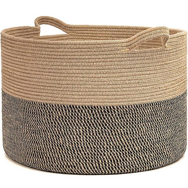 INDRESSME Extra Large Woven Baskets for Storage, 21.7 x 13.8 Blanket Basket Living Room Wicker Storage Basket for Organizing Woven Laundry Basket for Toy Pillow Shoe Basket for Entryway, Black Jute