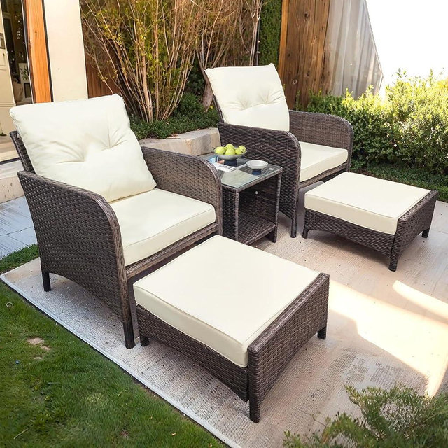 5-Piece Outdoor Patio Furniture Set, Patio Lounge Chairs Set of 2 with Cushioned Ottoman & Coffee Table - Stylish, Conversation Furniture for Garden, Balcony, Deck, or Porch,Brown and Beige