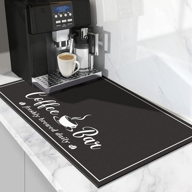 CooRug Coffee Mat, Absorbent Dish Drying Mat for Kitchen Counter, Fashion Style Coffee Bar Accessories for Coffee Maker Espresso Machine Dish Rack 12" x 20" Black