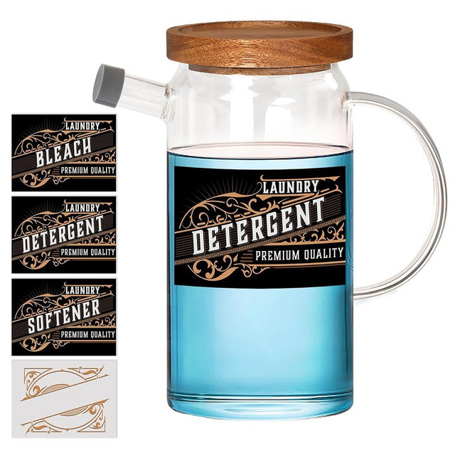 Gizmowonders 50oz Stylish Glass Laundry Detergent Dispenser w/Bamboo Top: Perfect for Laundry Room Organization & Storage of Liquid Detergents, Softeners, Boosters, and Bleach. 4 Vintage Labels.