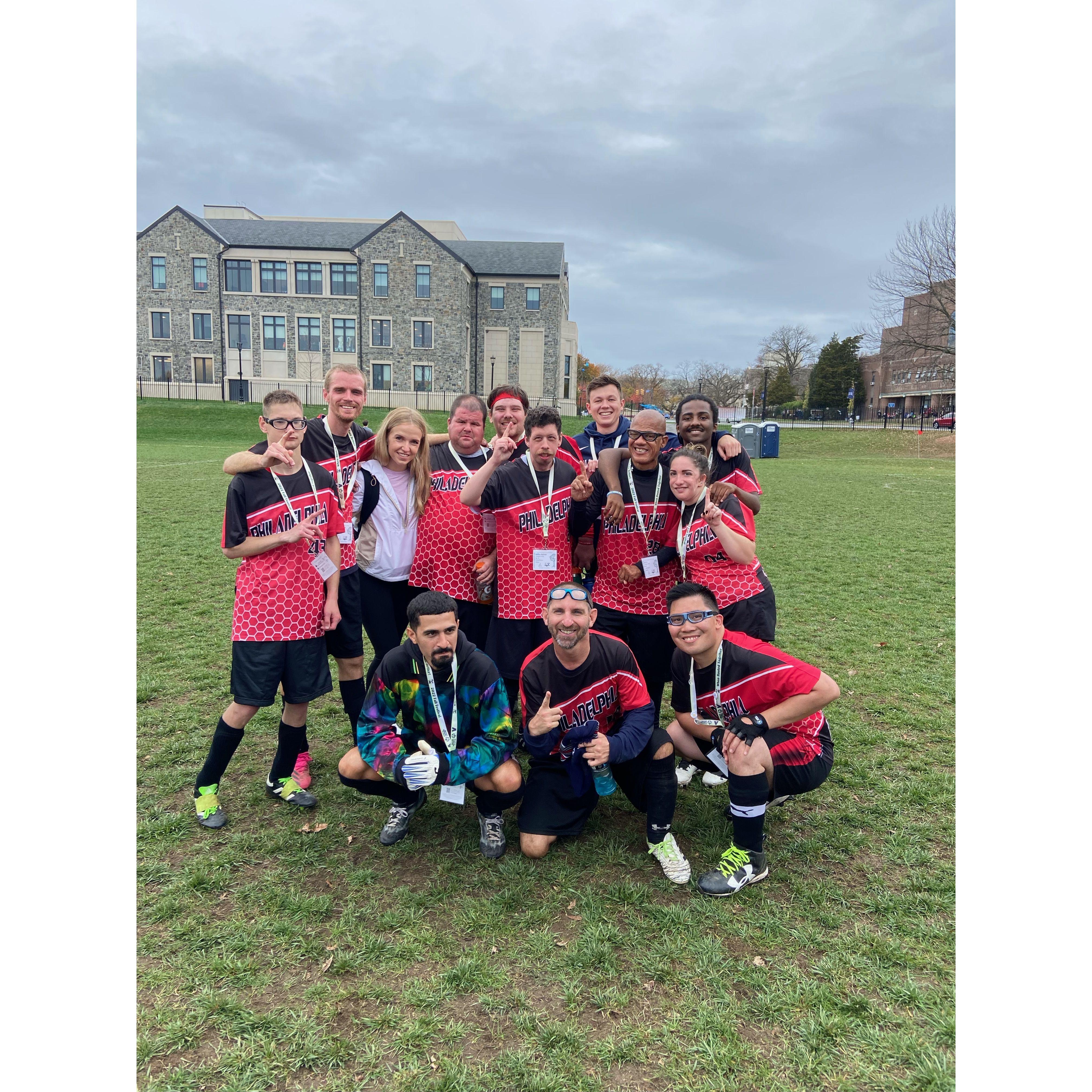 Matt coaches the Philly Strikers Special Olympics soccer team. Megan is the team photographer and usually much more popular than Coach Matt.