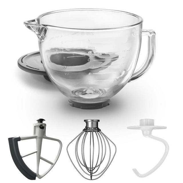 Replacement Glass Mixer Bowl with Lid and Attachments Set, 4.5-5 Qt,Compatible with Kitchenaid Tilt-Head Stand Mixers, Includes Beaters, Dough Hook, Wire Whip (Bright)