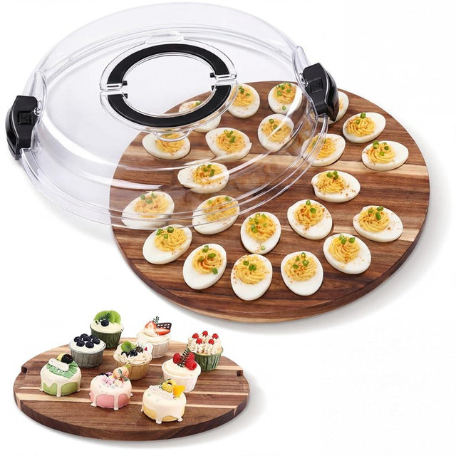 Baderke Easter Acacia Wood Deviled Egg Platter with Lid 20 Holes 13 x 13 Inch Deviled Egg Tray Reversible Charcuterie Board Wooden Food Holder Serving Container for Countertop