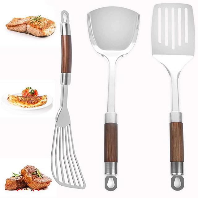 Metal Spatula Cooking Tools Set - Professional Kitchen Flat Flexible Long Handled Stainless Steel Flipper Utensils-Slotted Spatula Fish Spatula Wok Spatula Perfect for Pancake Burger Baking Cookies