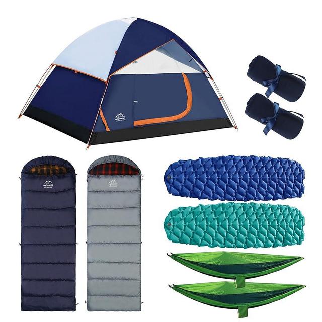 LANMOUNTAIN 9 Pcs Camping Set,Include 1 Camp Tent,2 Sleeping Bag,2 Sleeping Pad/Camping Mat,2 Single Camping Hammock with 2 Tree Straps,2 Lightweight Bed Blanket for Family Outdoor Activities