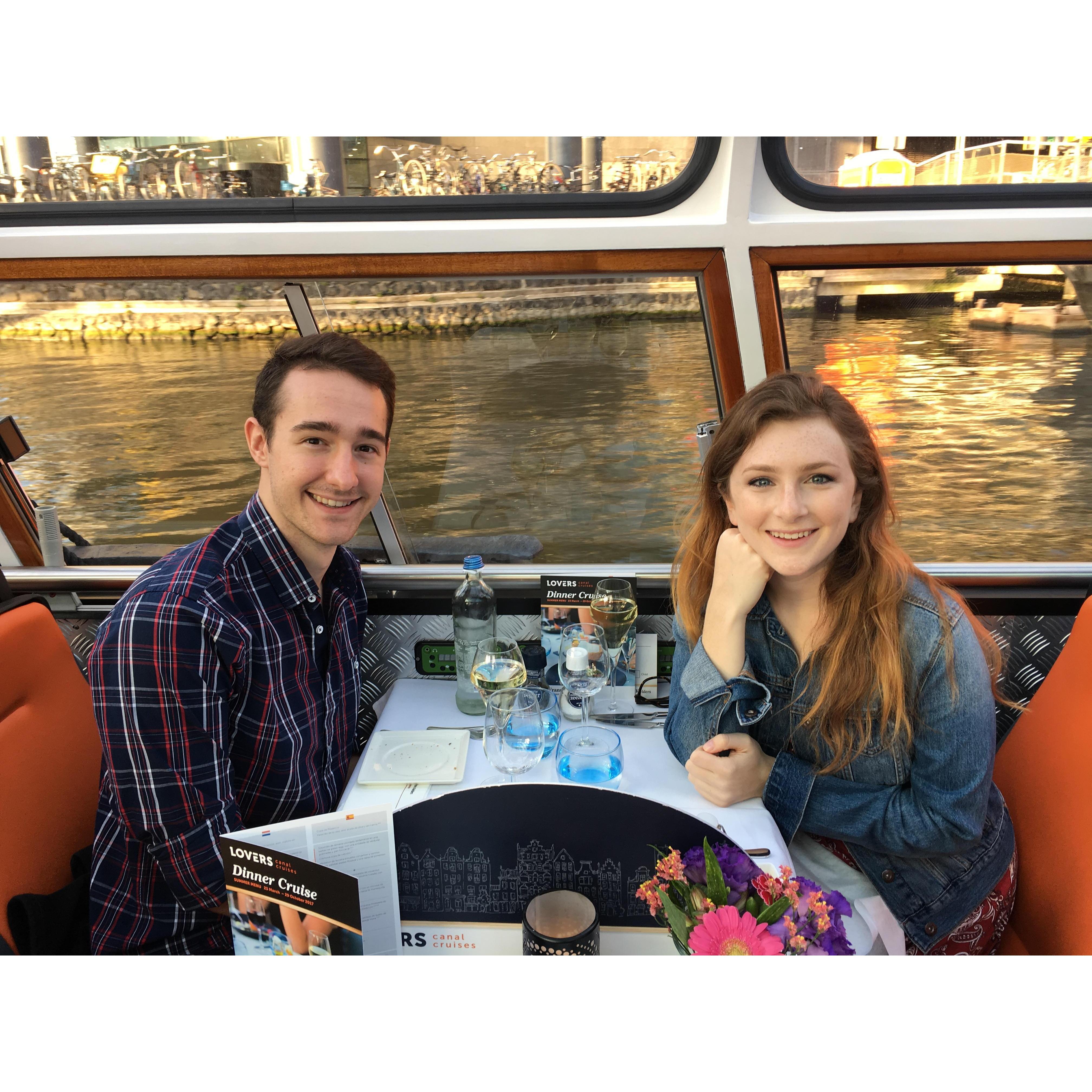 Trip Adventure: Amsterdam, Netherlands. Taking a romantic dinner boat cruise down the canals of Amsterdam! Completely perfect night.