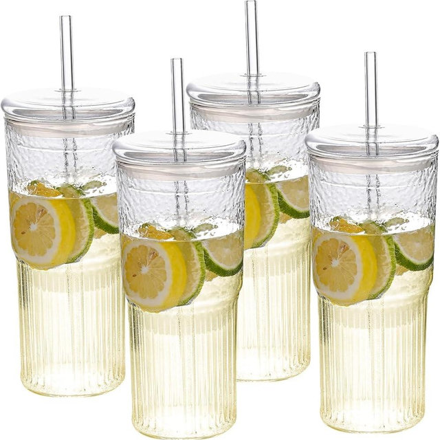 MINGHYZYA 20oz Glass Cups With Glass Lids and Straws, High Borosilicate Iced Coffee Cups, Reusable Glass Tumblers for Coffee, Tea, Juice, Smoothies, Hot/Cold Drinks at Home, Office - 4 Packs