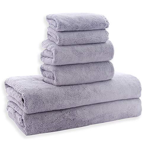 MoonQueen Ultra Soft Towel Set - Quick Drying - 2 Bath Towels 2 Hand Towels 2 Washcloths - Microfiber Coral Velvet Highly Absorbent Towel for Bath Fitness, Bathroom, Sports, Yoga, Travel-Grey 6 Pcs