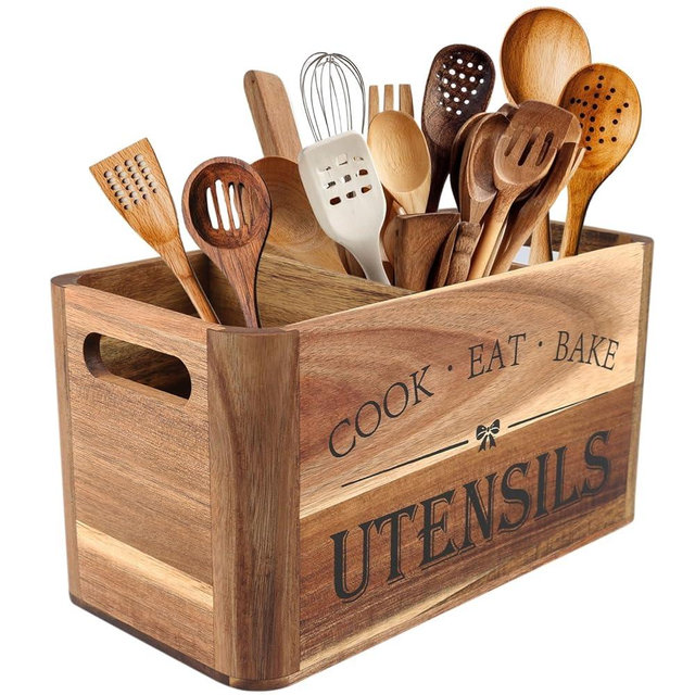 RMCOKGX Utensil Holder for Kitchen Countertop - Extra Large 3 Compartment Wooden Organizer in Acacia Wood, Storage for Cooking Tools and Cutlery, Farmhouse Style for Home Cooking