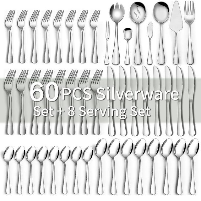 68 Pieces Silverware Set with Serving Utensils Set, CEKEE Stainless Steel Flatware Set for 12, Heavy Duty Cutlery Set, Kitchen Utensil Sets for Home Restaurant, Mirror Finish, Dishwasher Safe