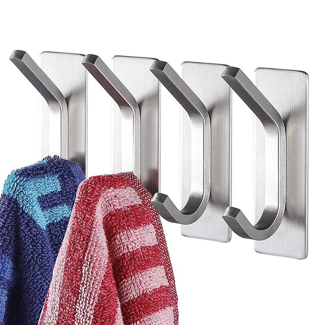 YIGII Towel Hook/Adhesive Hooks - Wall Hooks for Coat/Robe/Towels Stick on Bathroom/Kitchen 4-Pack, Stainless Steel
