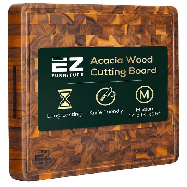 EZ FURNITURE 17 x 13 Inch Acacia Wood Cutting Boards for Kitchen, Wooden Cutting Boards for Kitchen, Large Butcher Block Cutting Board, Large Cutting Board with Juice Groove and Handles