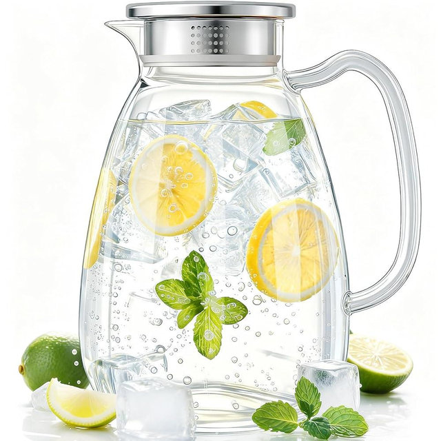 CubbyHaven Glass Pitcher with Lid and Handle, 2.2L (74 oz) Borosilicate Glass Water Carafe, Stainless Steel Dual-Filter Lid, Heat Resistant for Hot/Cold Beverages – Iced Tea, Coffee, Juice, Cold Brew