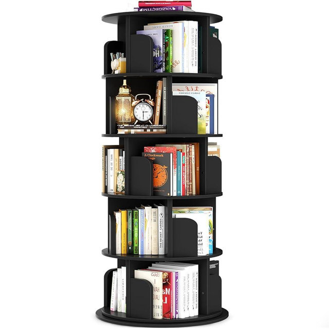 Besiost Rotating Bookshelf Tower, 5 Tier Spinning Bookcase, Revolving 360 Book Shelf Narrow Tall Bookcase, Vertical Turning Round Bookshelf Organizer, Wood Corner Bookshelf for Small Space, Black