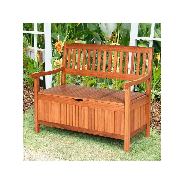 Costway 42'' Storage Bench Deck Box Solid Wood Seating Container Tools Toys W/Backrest