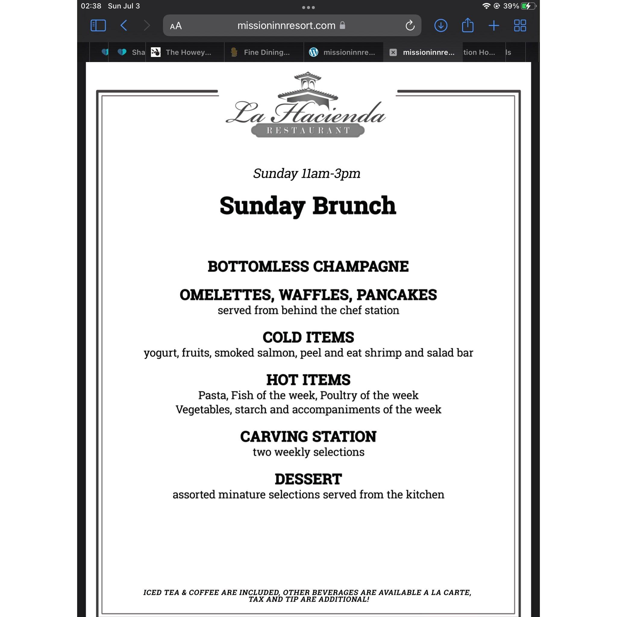 La Hacienda Sunday Brunch SAMPLE menu