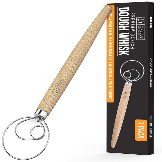 ORBLUE Premium Danish Dough Whisk - Dutch Whisk with Stainless Steel Ring - Danish Whisk for Bread, Pastry or Pizza Dough, 13-inch 1-PACK