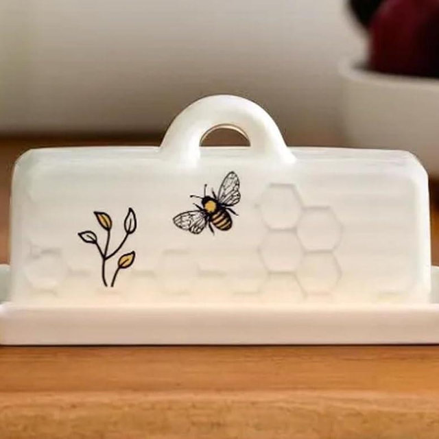The Bridge Collection Decorative Honey Bee Butter Dish – White Ceramic Honeycomb Pattern With Floral Detail – Farmhouse Style Kitchen Storage For Butter
