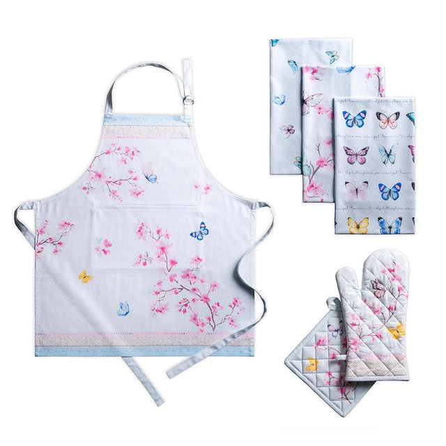 Maison d' Hermine Blossom In Spring Bundle Set 100% Cotton Apron (27.50" by 31.50") Set of 3 Kitchen Towels (20 Inch by 27.5 Inch) and Oven Mitt (7.5 Inch by 13 Inch)/Pot Holder (8 Inch by 8 Inch)