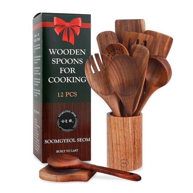 Wooden Spoons for Cooking - 12 Pcs Teak Wood Cookware Utensil Set with Smooth Finish - Non-Stick, Comfortable Grip - Durable, Heat Resistant Kitchen Utensils, Spoon Holder, Spoon Rest, and 2 Spurtles