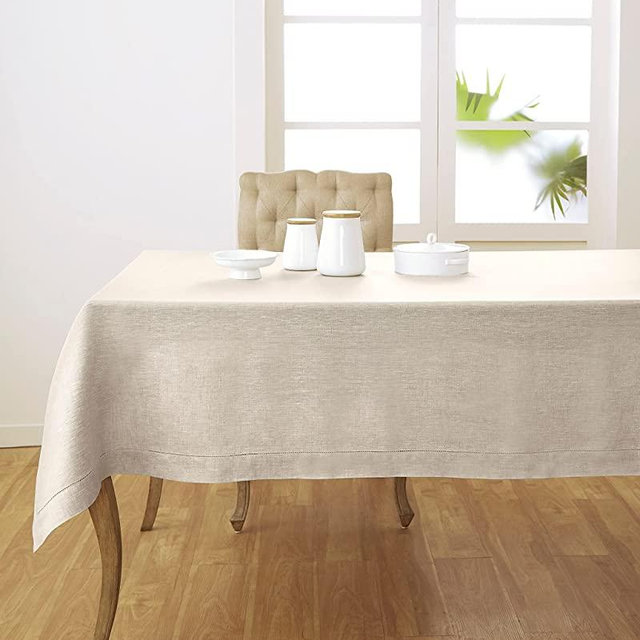 Solino Home Pure Linen Tablecloth – Light Natural 60 x 144 Inch – 100% Linen Classic Hemstitch Tablecloth for Fall, Christmas, Holiday, Winter – Handcrafted from European Flax