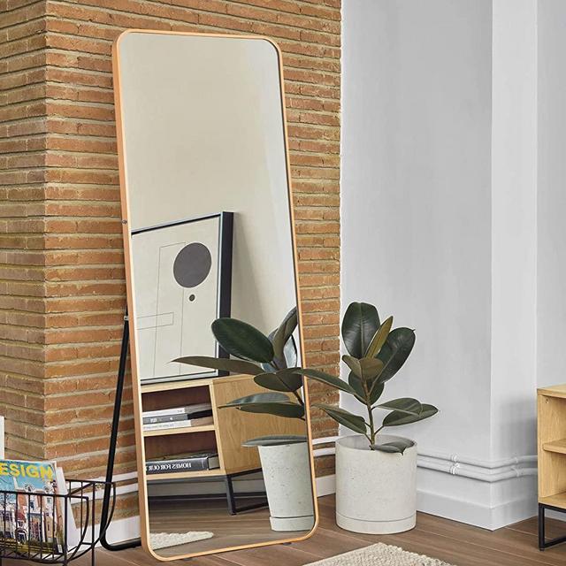 NeuType 65"x22" Full Length Mirror Floor Mirror with Stand Large Bedroom Mirror Wall-Mounted Mirror Standing or Leaning Against Wall Aluminum Alloy Frame Dressing Mirror, Golden, Round Corner