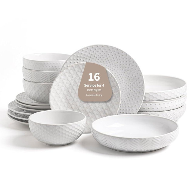 FOBENTA 16-Piece Ceramic Plates and Bowls Set,Dual Bowl Dish Set with Dinner & Pasta Bowls，Elegant Embossed Dinnerware for Modern Homes,for Microwave & Dishwasher Safe