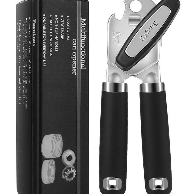 Safring Can Opener Manual, Heavy Duty Handheld Strong Can Opener with Soft Touch Handle, Sharp Blade Smooth Edge, Can Openers with Multifunctional Bottle Opener, Black