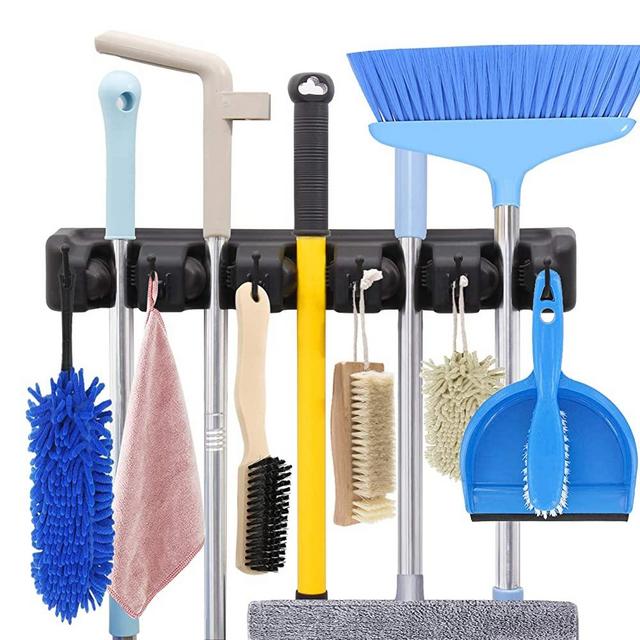 HYRIXDIRECT Mop and Broom Holder Wall Mount Heavy Duty Broom Holder Wall Mounted Broom Organizer Home Garden Garage Storage Rack 5 Position with 6 Hooks (Black)