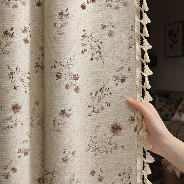 XOGUIBO Boho Floral Spring 100% Blackout Curtains 84 Inch Length 2 Panels Set, Linen Texture Farmhouse Curtains with Beige Tassel for Living Room Bedroom, Vintage Rustic Rod Pocket,Brown