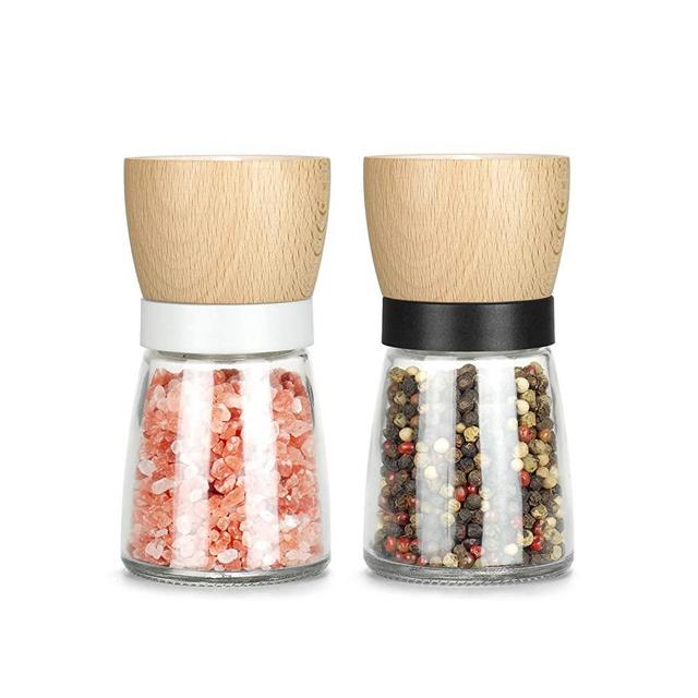 Wood Glass Salt and Pepper Grinder Set of 2 Adjustable Coarseness Pepper Grinder Pepper Shaker Sea Salt Mill