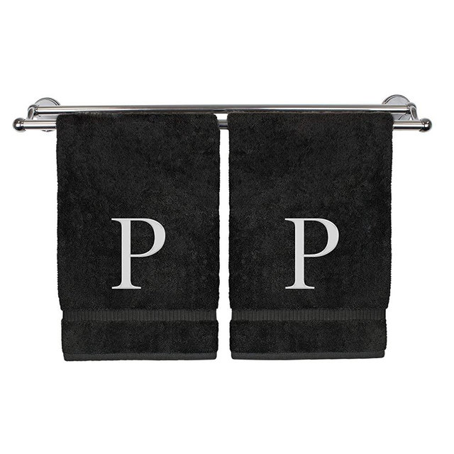 Monogrammed Hand Towel, Personalized Gift, Set of 2- White Block Letter Embroidered Towel - Extra Absorbent 100% Turkish Cotton - Soft Terry Finish - Initial P Black