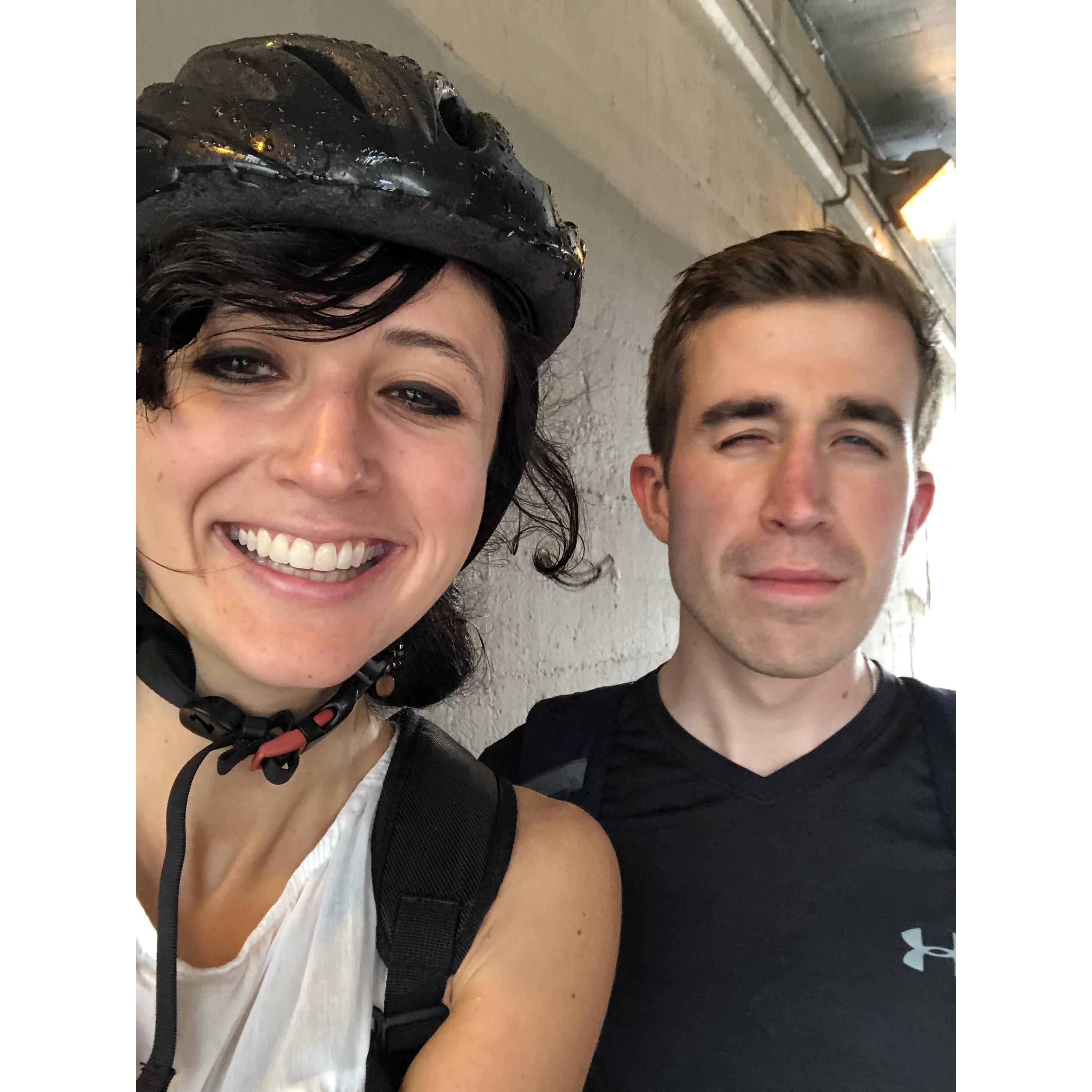 Went for a bike ride even though it was 90% chance of rain. Got stuck under a viaduct (smelled bad under there), got soaked, but saw a rainbow and ate snacks!