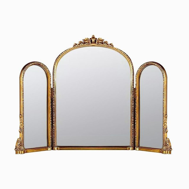 ZZBSOD Trifold Vanity Mirrors 3 Way,Gold Arched Mirror Vintage Antique Baroque Mantel Mirror with Ornate Metal Frame, Victorian Dress Wall Mirror for Entryway/Fireplace