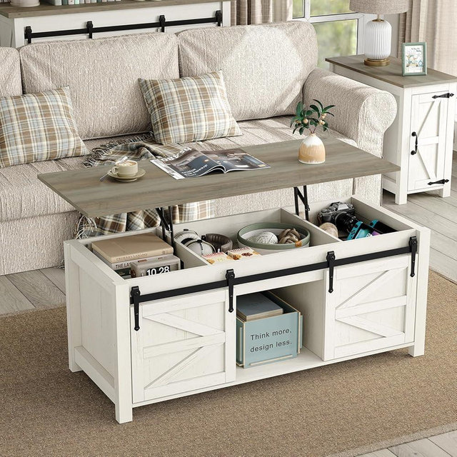 Furnihold 47.3''Lift Top Coffee Table, Farmhouse Center Table with Large Storage & Sliding Barn Door, Modern Rectangular White Cocktail Table for Living Room, Grey Top