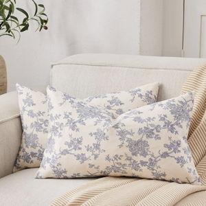 100% Cotton French Pastoral Lumbar Throw Pillow Covers Set of 2, 12x20 Inch Blue Farmhouse Decorative Cushion Covers for Sofa Bed Living Room Home Decor