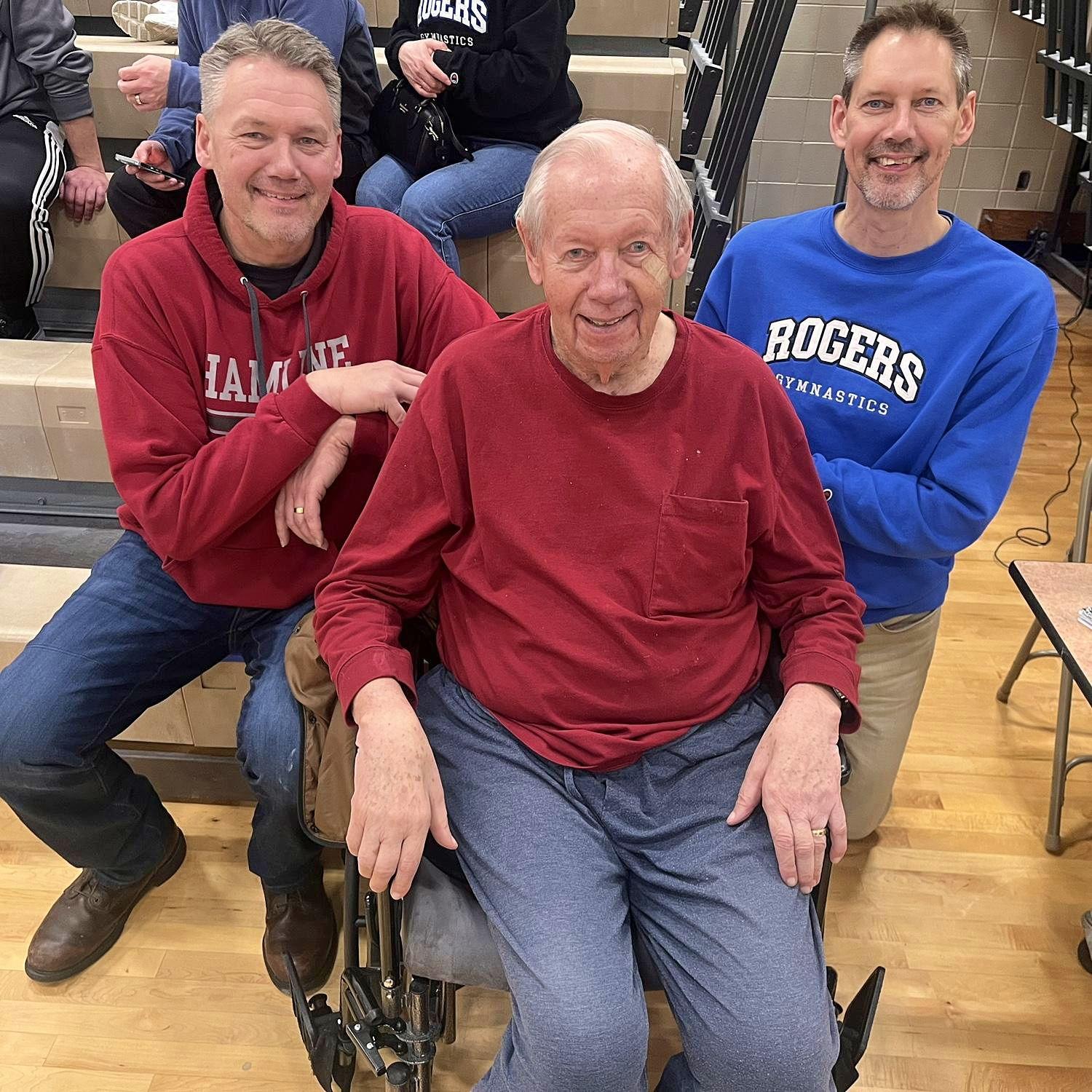 The Jonason men: Paul, his brother Bruce, and their Father, Chuck. At Erin's gymnastics meet.