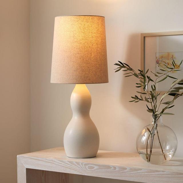Modern Gourd Table Lamp, 29.5", White and Natural Linen, Set of 2