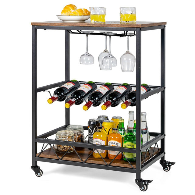 Costway Kitchen Cart Serving Trolley on Wheels w/ Wine Rack Glass Holder