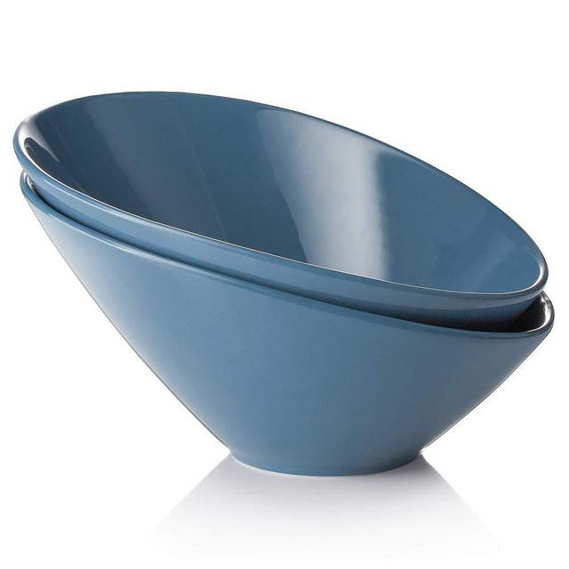 DOWAN Salad Bowls, 2 Packs Angled Salad Bowls, Ceramic Salad Bowls Serving Bowls, Slanted Bowls, Porcelain Salad Bowls, 2 Piece, 26 Ounce, Airy Blue