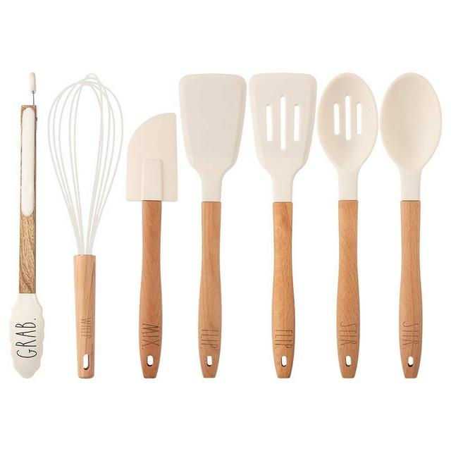 Rae Dunn Everyday Collection 7 Piece Kitchen Utensil Set, Stainless Steel and Silicone Kitchen Tools with Wooden Handles- by Cook with Color (White)